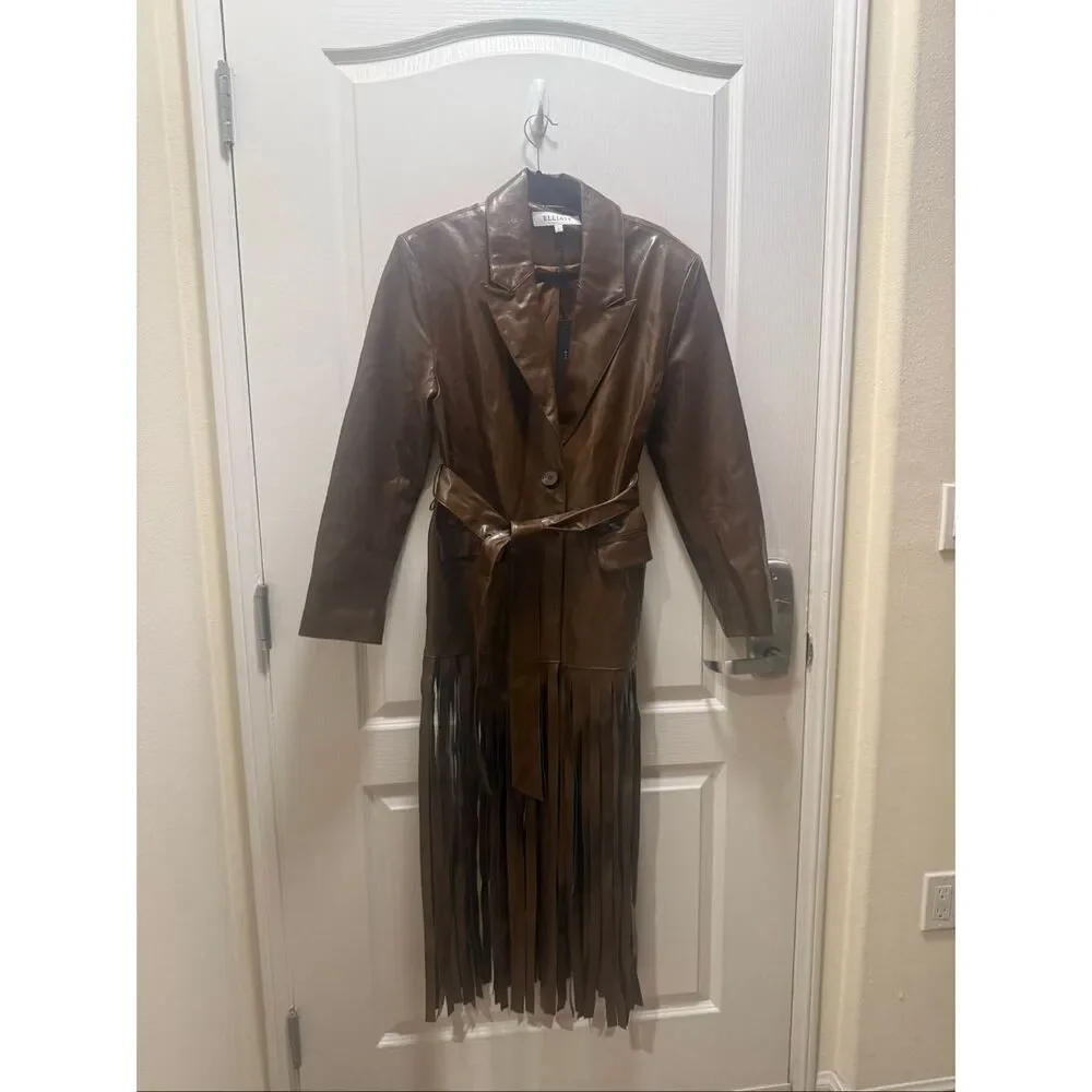 ELLIATT Vegan Leather Fringe Suit Set – Brown Blazer & Maxi Skirt size S NWT - Picture 9 of 11